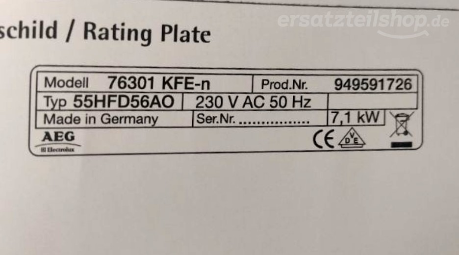 Typenschild AEG 76301KFE-N 91F 94959172600