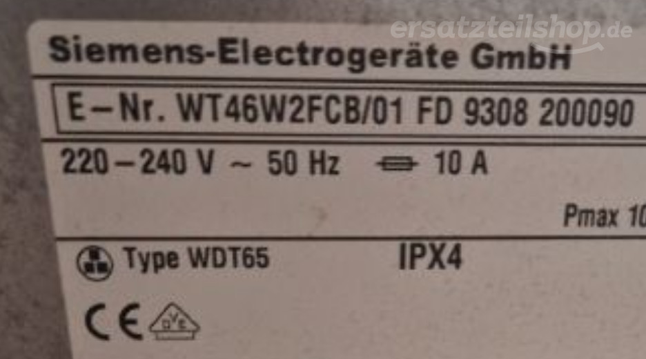 Typenschild Siemens WT46W2FCB/01