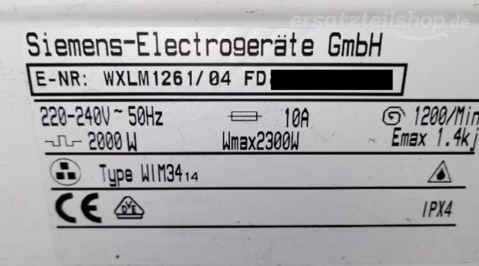 Typenschild Siemens Siwamat XLM 1261 WXLM1261/04