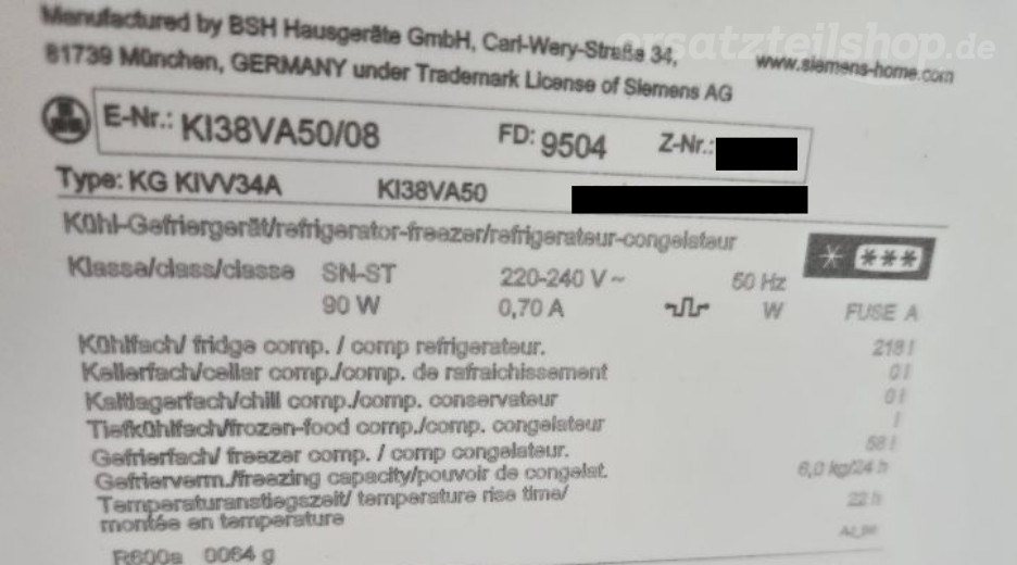 Typenschild Siemens KI38VA50/08