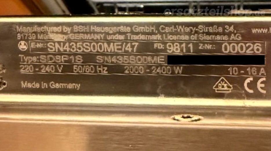 Typenschild Siemens SN435S00ME/47