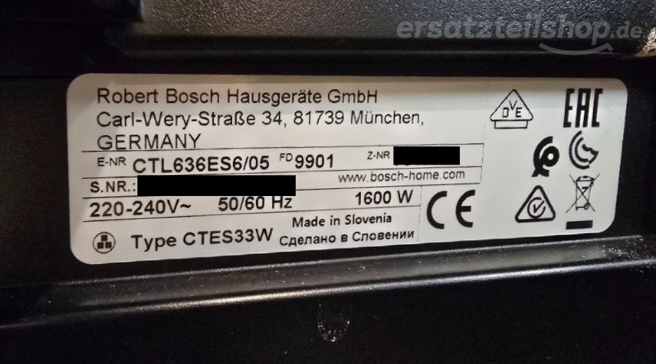 Typenschild Bosch CTL636ES6/05