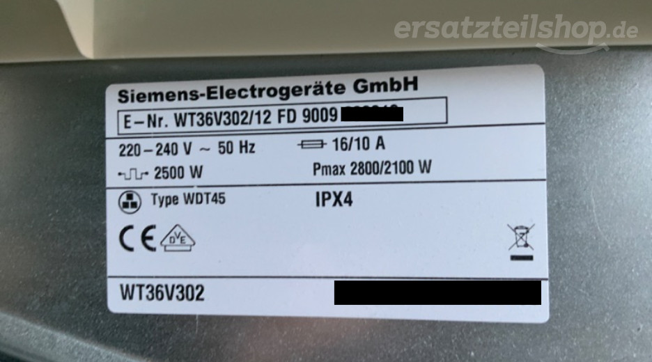 Typenschild Siemens WT36V302/12
