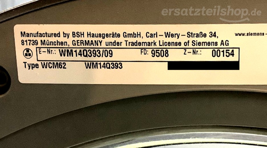 Typenschild Siemens WM14Q393/09