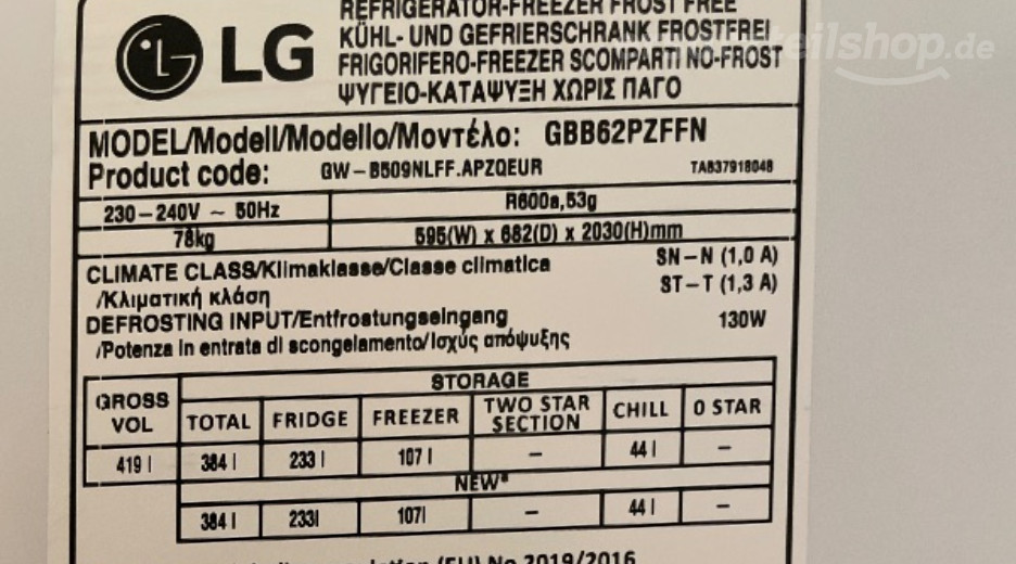 Typenschild LG GBB62PZFFN