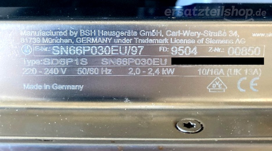 Typenschild Siemens SN66P030EU/97