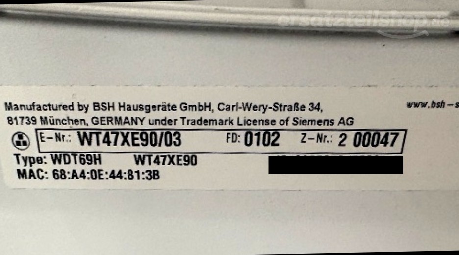 Typenschild Siemens 4202.0002 WT47XE90/03