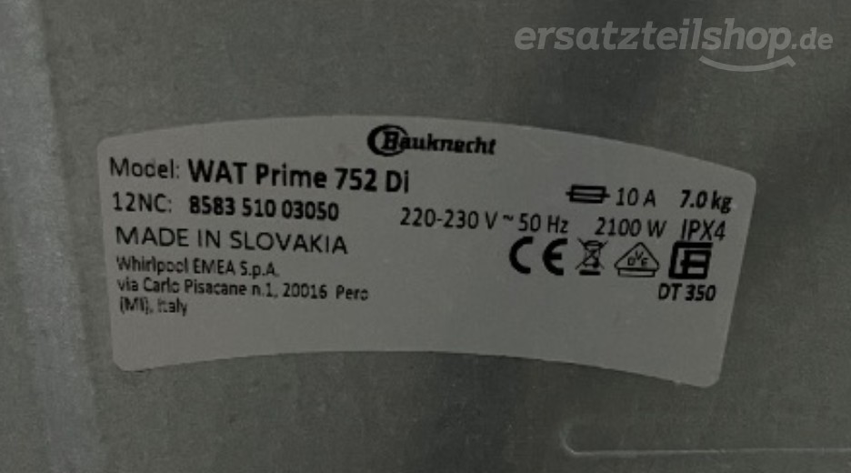 Typenschild Bauknecht WAT Prime 752 Di 858351003050