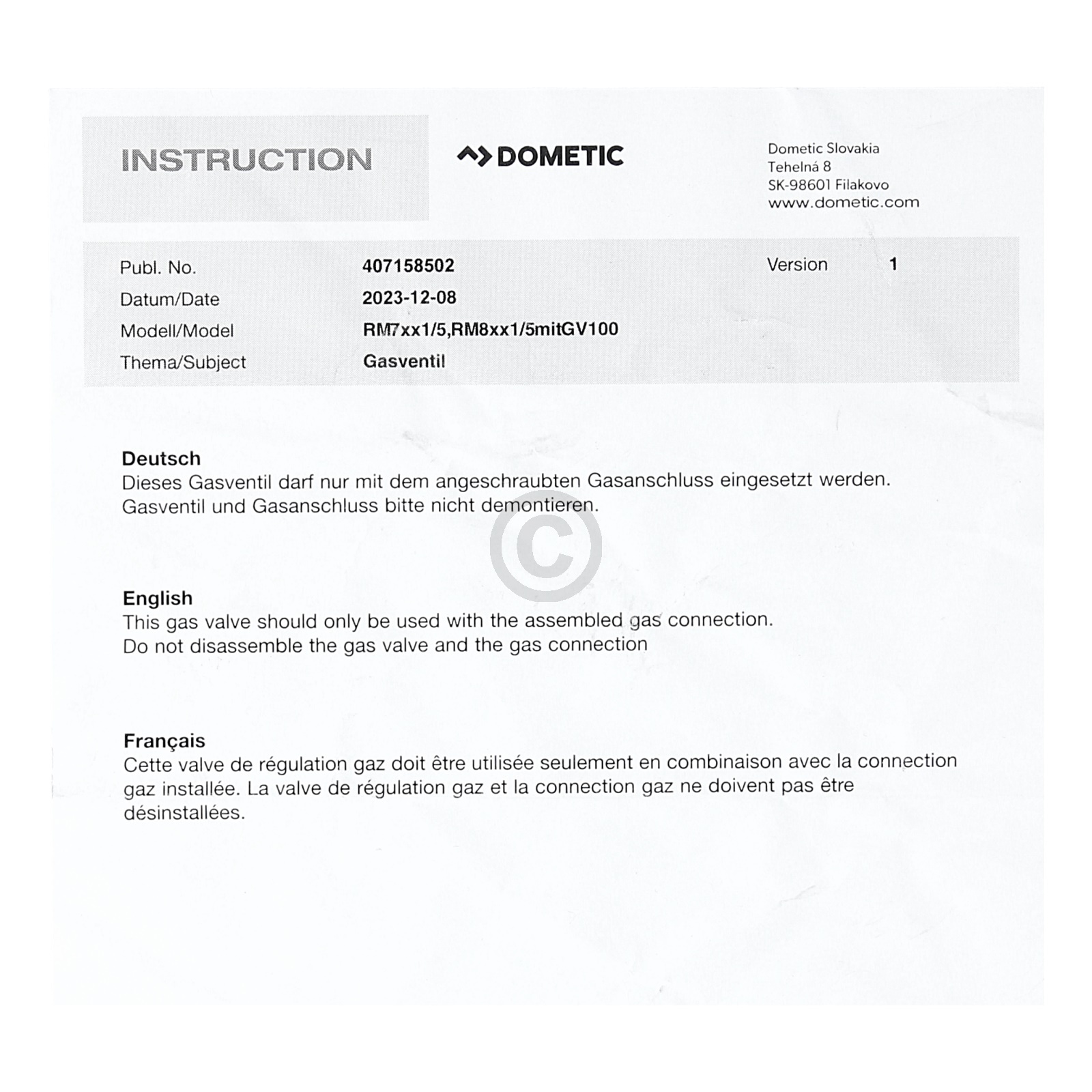 Gasventil mit Gasanschluß DOMETIC 407158683 für Absorberkühlschrank