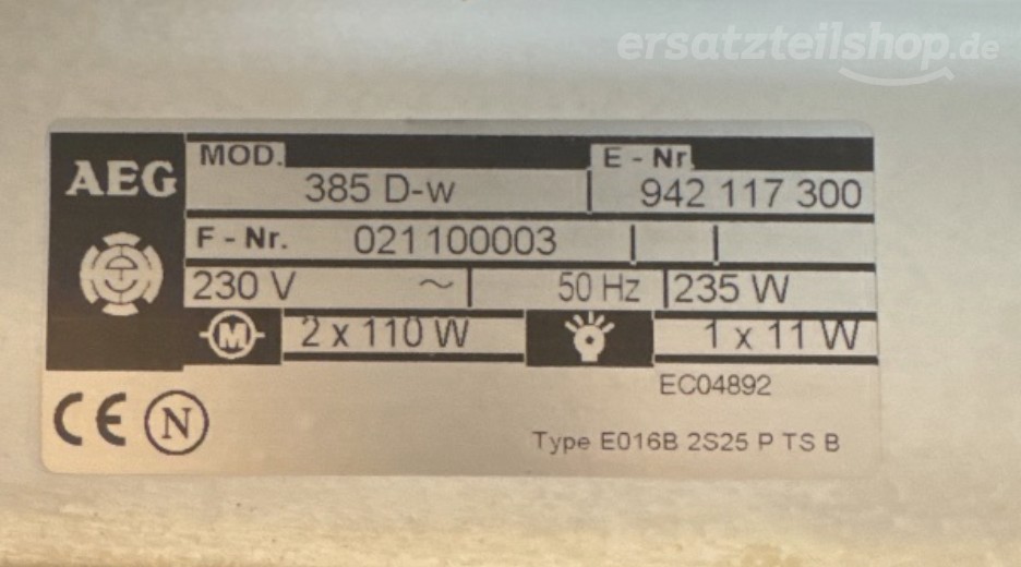 Typenschild AEG 385D-W 94211730000