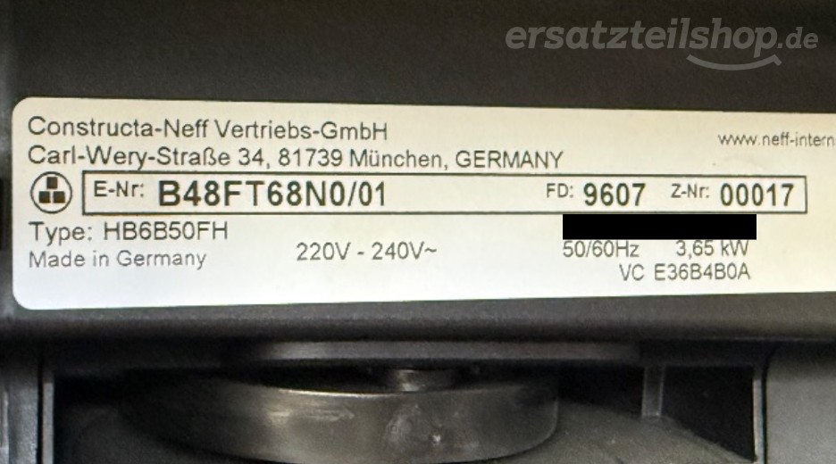 Typenschild Neff B48FT68N0/01