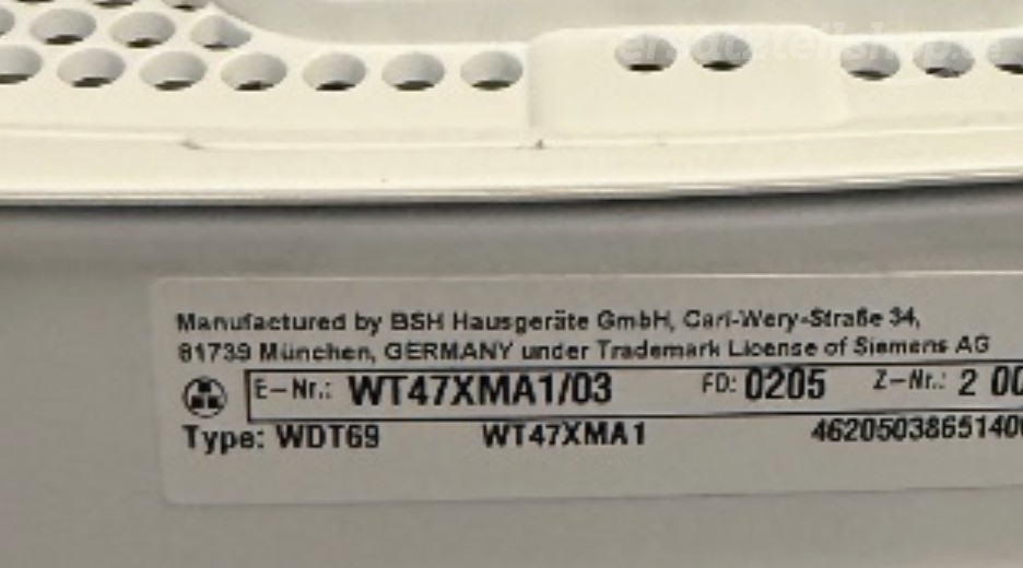 Typenschild Siemens Thema WT47XMA1/03