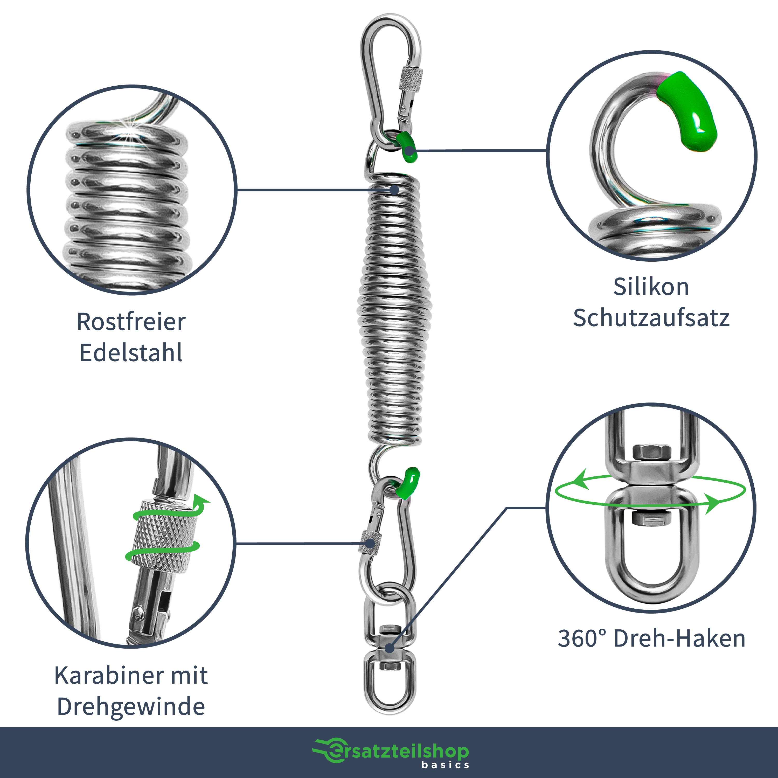 Schwingfeder für Hängesessel [4-teilig] - TÜV geprüfte Boxsack Feder mit 150kg Tragkraft - Feder Hängesessel aus Edelstahl 360° rotierbar 