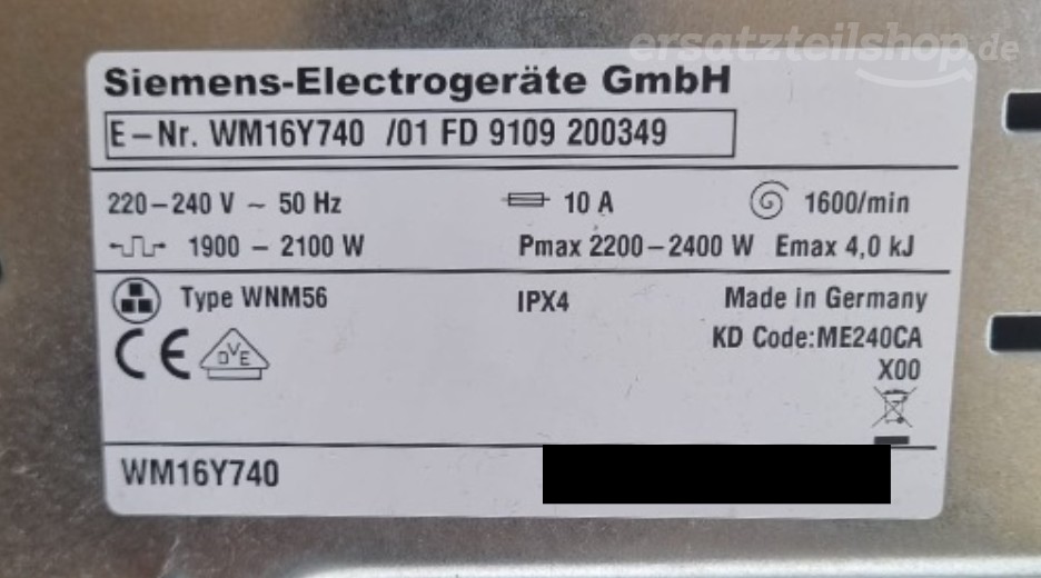 Typenschild Siemens WM16Y740/01