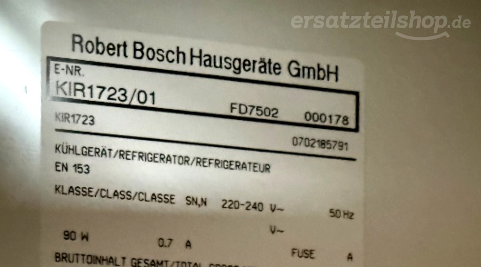 Typenschild Bosch  KIR1723/01