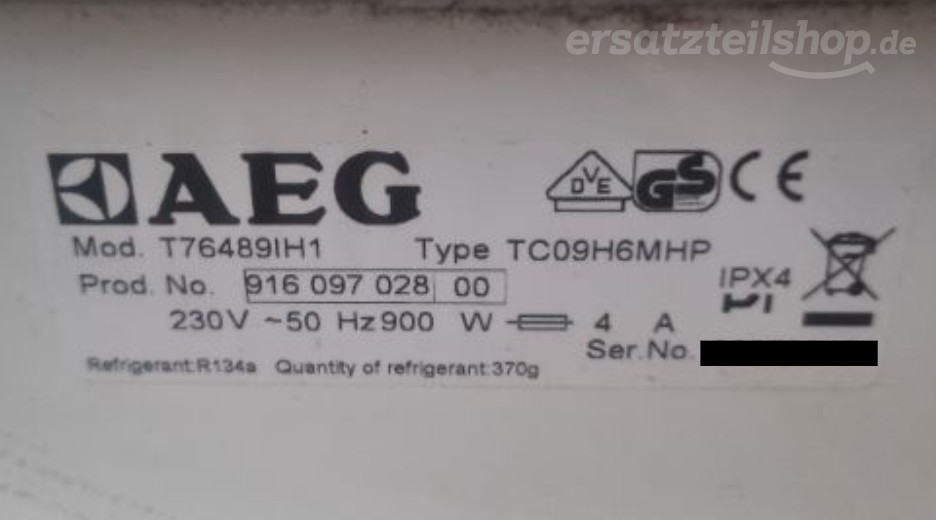 Typenschild AEG T76489IH1 91609702800