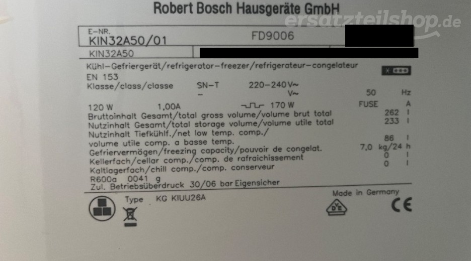 Typenschild Bosch KIN32A50/01