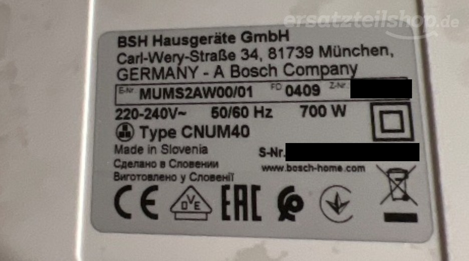 Ersatzteile Bosch MUMS2AW00/01 Typenschild Bosch MUMS2AW00/01