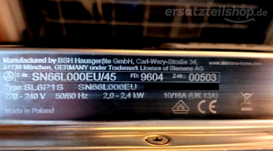 Typenschild Siemens SN66L000EU/45