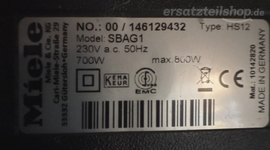 Ersatzteile Miele SBAG1 SBAG1 Typenschild Miele SBAG1 SBAG1
