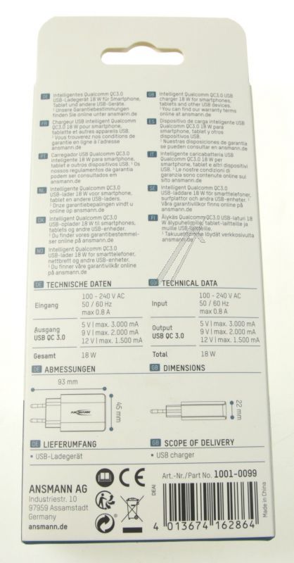 130Q Netzteil für Geschirrspüler Ansmann 10010099 Schnellladung, 18W