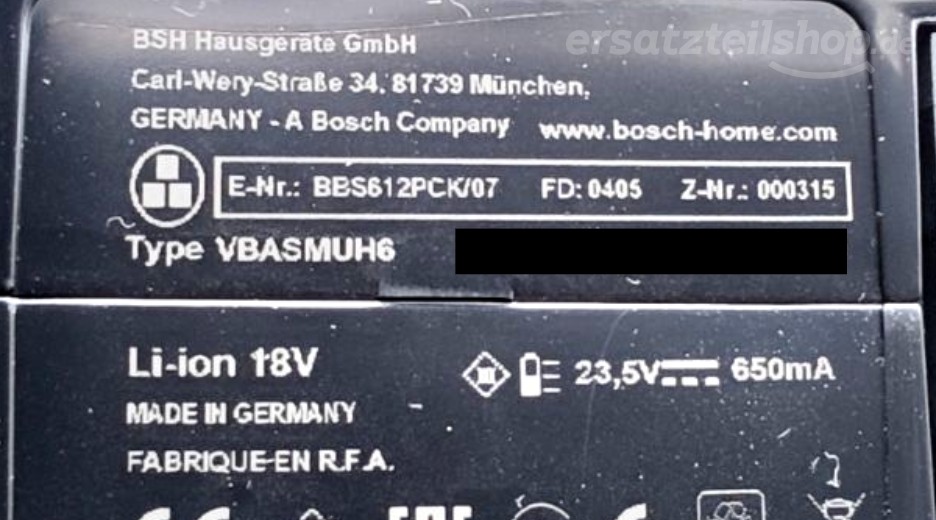 Typenschild Bosch BBS612PCK/07