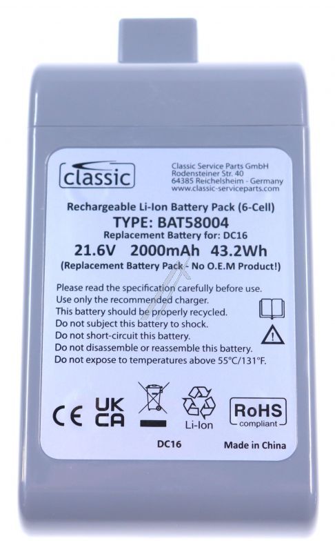 21,6V-2000mAh Akku für Dyson Staubsauger Classic