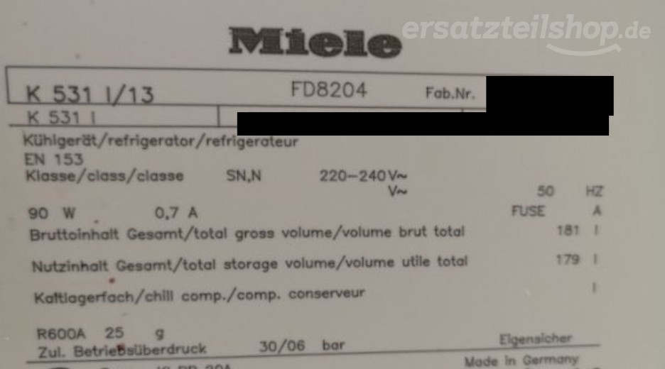 Typenschild Miele K 531 i K531I