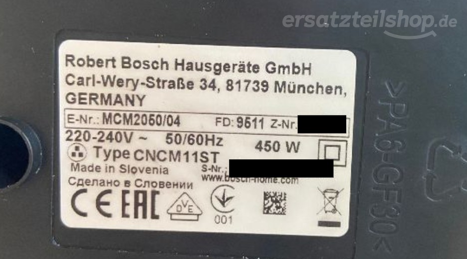 Typenschild Bosch MCM2050/04