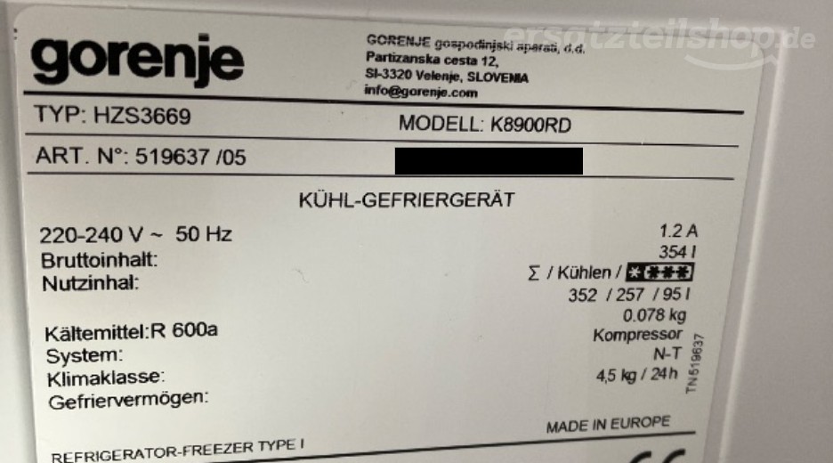 Typenschild Gorenje K8900RD 519637