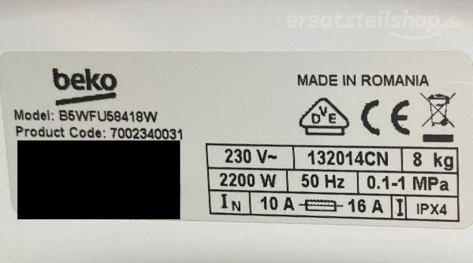 Typenschild Beko BEKO B5WFU58418W AT-DE B1XR501408BEYONDC 7002340031