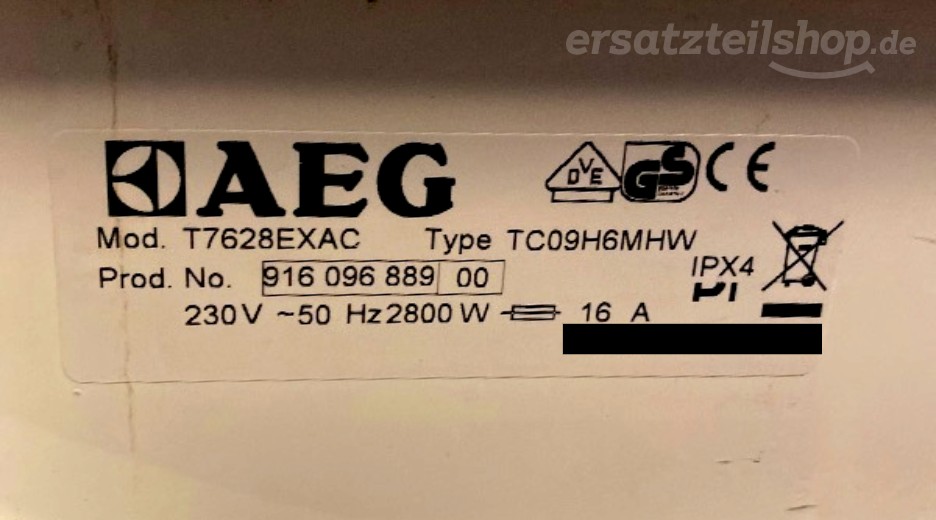 Typenschild AEG T7628EXAC 91609688900