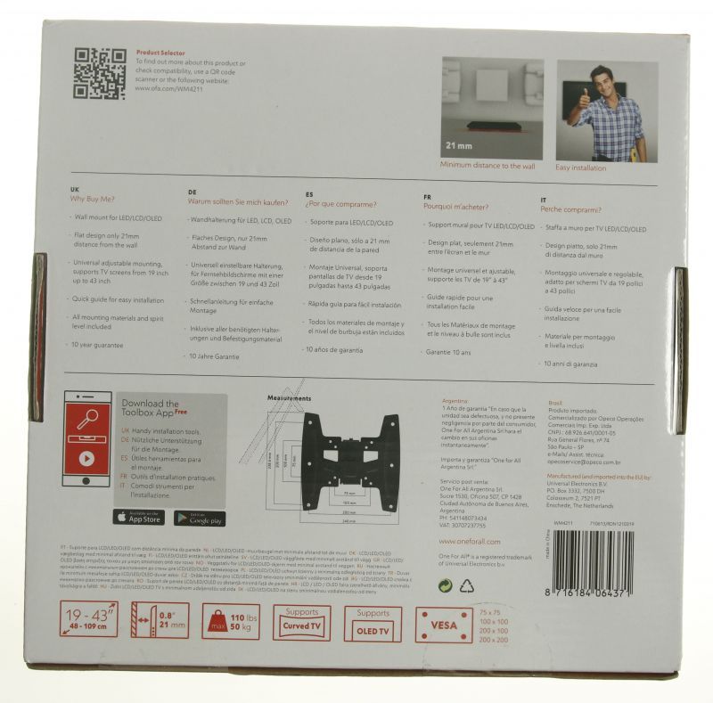 Solid Line Wandhalterung für Fernsehen & Telefonie One For All WM4211 Fest, 21,5mm Abstand