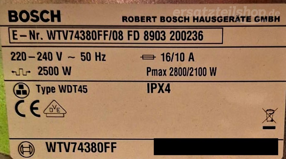 Typenschild Bosch WTV74380FF/08