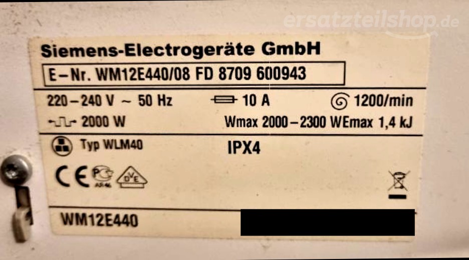 Typenschild Siemens E 12-44 WM12E440/08