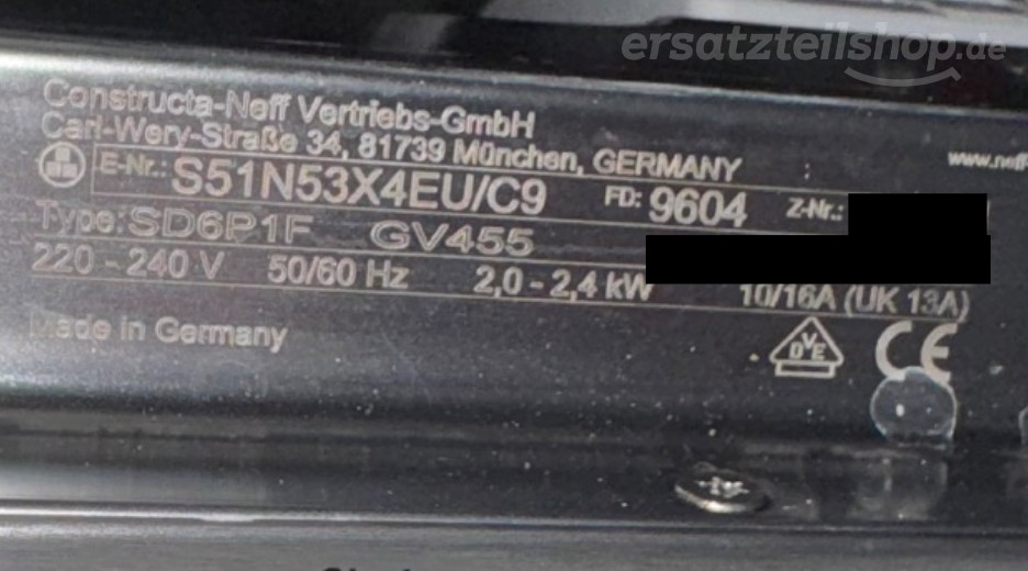 Typenschild Neff S51N53X4EU/C9