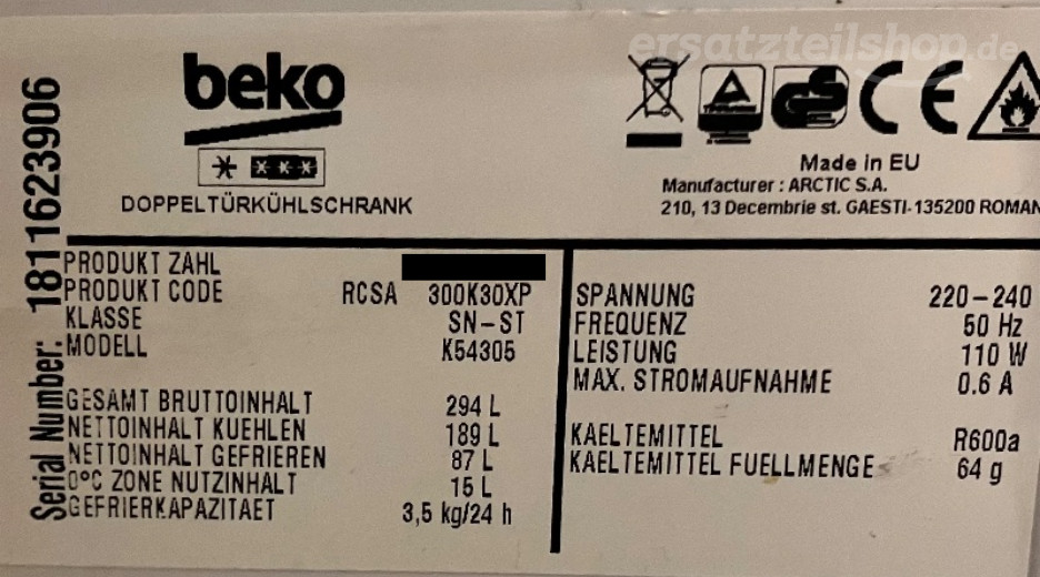 Typenschild Beko RCSA300K30XP 7520720001