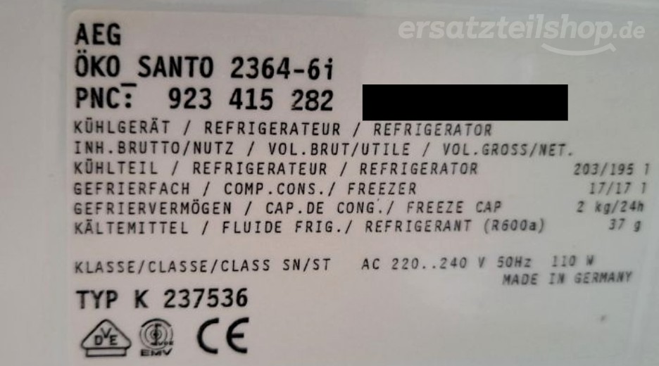 Typenschild AEG S2364-6I 92341528200