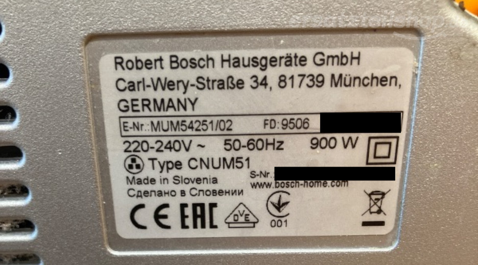 Ersatzteile Bosch MUM54251/02 Typenschild Bosch MUM54251/02