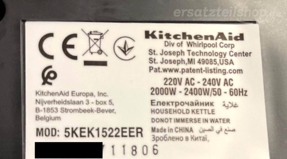 Typenschild Kitchen Aid ARTISAN WASSERKOCHER 1,5L 5KEK1522 5KEK1522EER