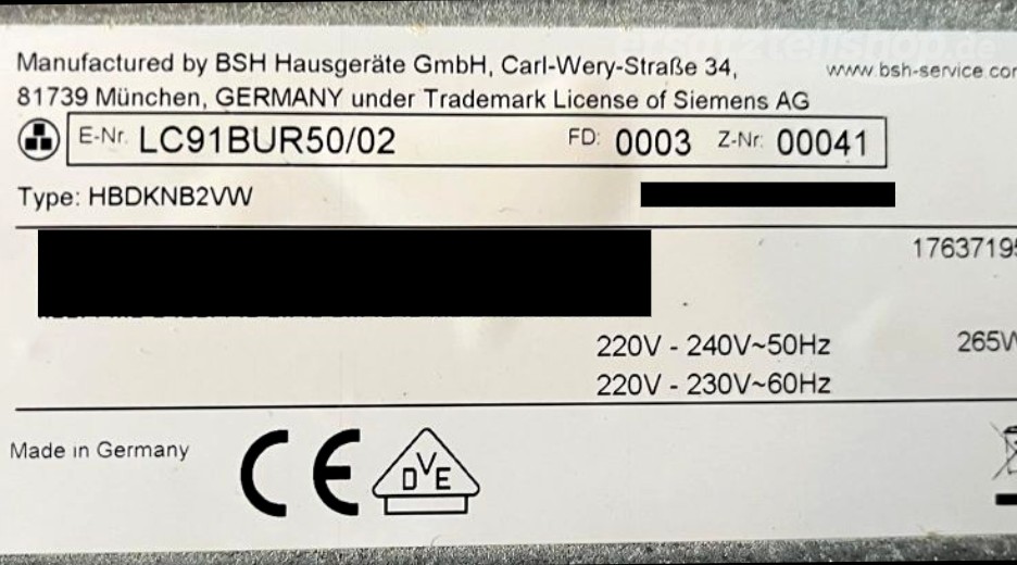 Typenschild Siemens LC91BUR50/02