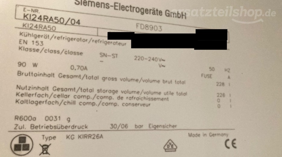 Typenschild Siemens KI24RA50/04