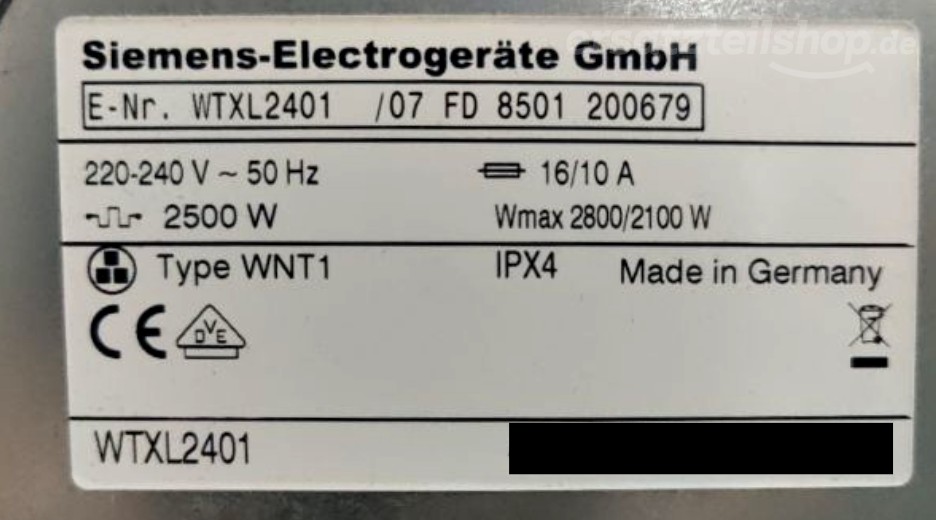 Typenschild Siemens Siwatherm TXL 2401 WTXL2401/07