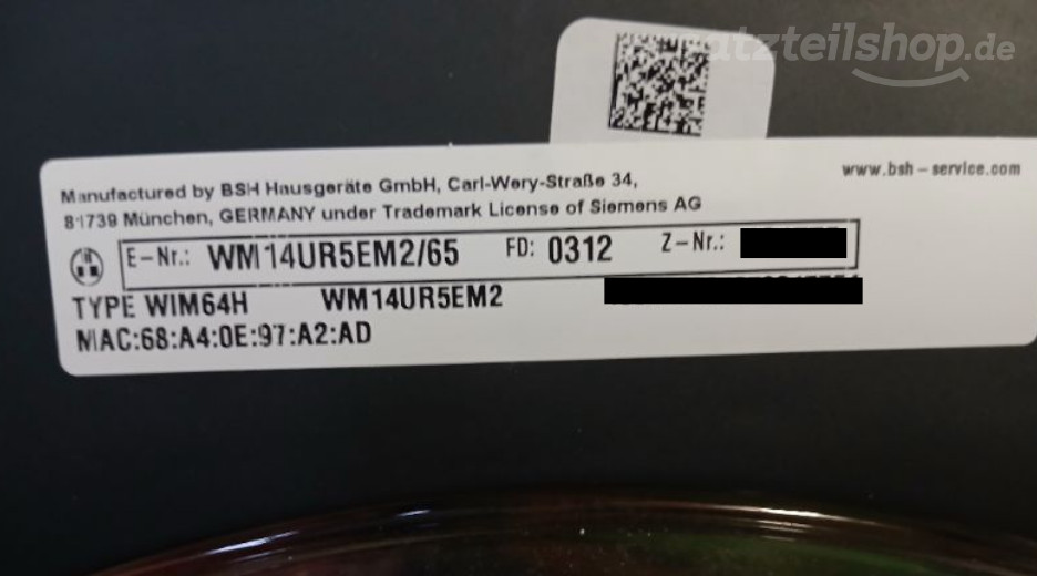 Typenschild Siemens WM14UR5EM2/65
