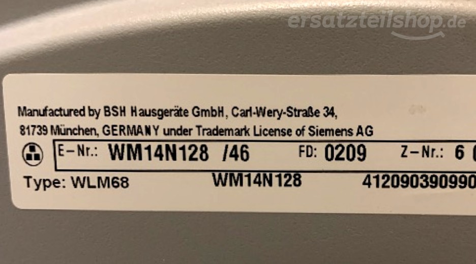 Typenschild Siemens WM14N128/46