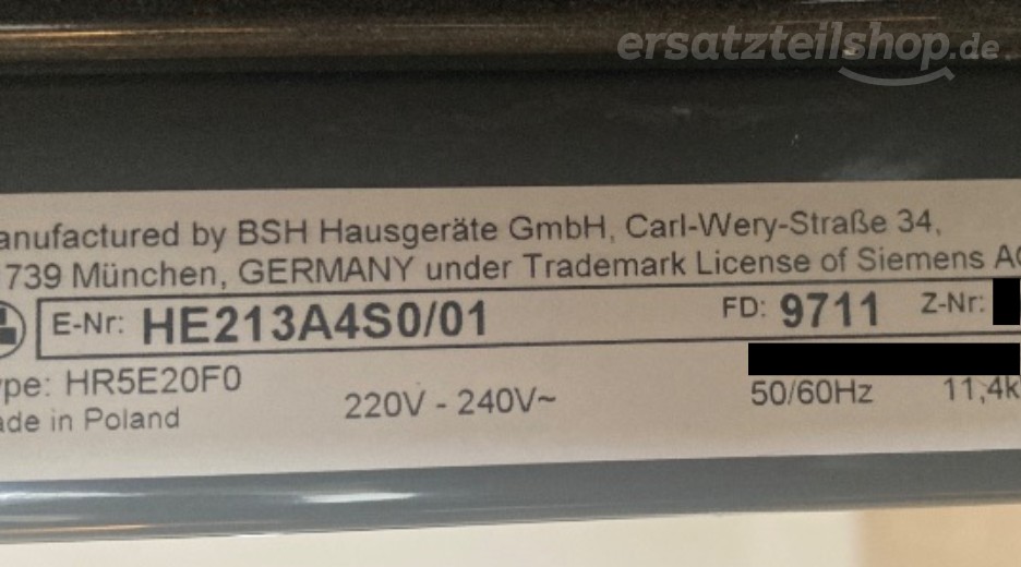 Typenschild Siemens HE213A4S0/01