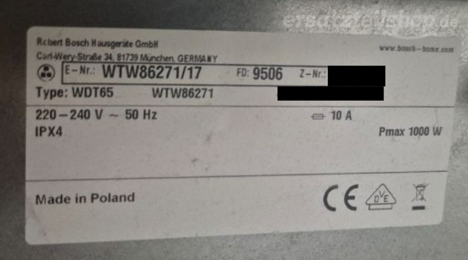 Typenschild Bosch WTW86271/17