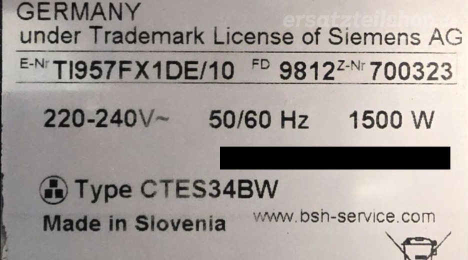 Typenschild Siemens TI957FX1DE/10