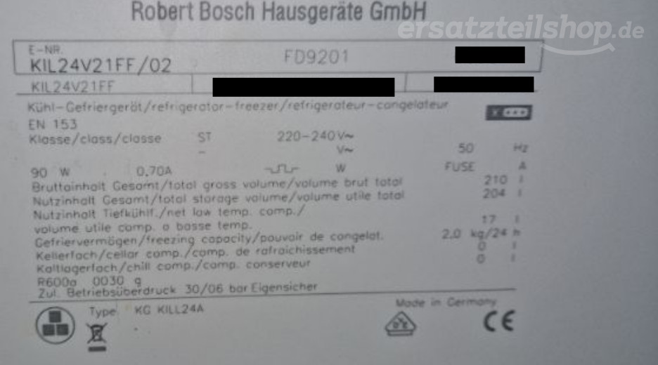 Typenschild Bosch KIL24V21FF/02