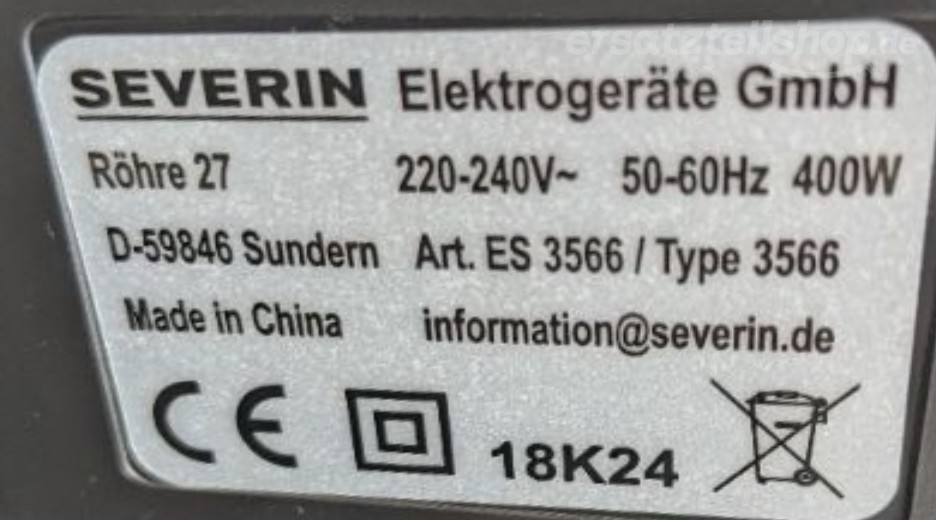 Typenschild Severin ES3566 3566000